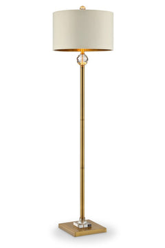 63" Gold Column Floor Lamp featuring an off-white metal drum shade and a crystal accent on a square base. Elegant and modern 