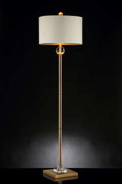 63" Gold Column Floor Lamp with Off White Metal Drum Shade featuring a sleek gold finish and a crystal accent on a square bas