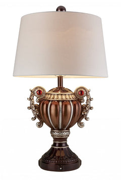 Tall Bronze Urn Shaped Table Lamp with ornate design, gold accents, and a cream fabric shade. Ideal for elegant decor.