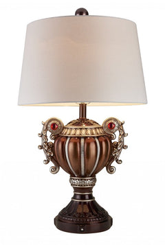 Tall Bronze Urn Shaped Table Lamp with decorative accents and a white shade, featuring elegant detailing and a classic design