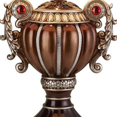 Tall Bronze Urn Shaped Table Lamp featuring ornate detailing, red gem accents, and a classic design. Ideal for elegant decor.