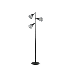 66" black metal floor lamp with three light fixtures and black metal cage shades, featuring a sleek, modern design.