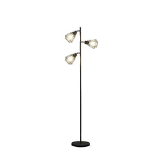 66" black metal three-light tree floor lamp featuring black metal cage shades and a sturdy round base.