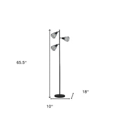 66" Black Metal Three Light Tree Floor Lamp with black metal cage shades, featuring a sleek design and adjustable light angle