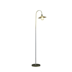 64" gold and white arched floor lamp featuring a gold metal cage shade and a sleek design, perfect for modern decor.