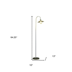 64" gold and white arched floor lamp featuring a gold metal cage shade and a sleek design, ideal for modern decor.