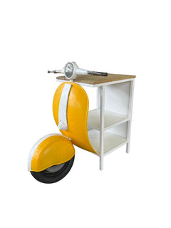 Yellow Wood And Metal Mini Scooter End or Side Table featuring a scooter design with a wooden top and two open shelves.