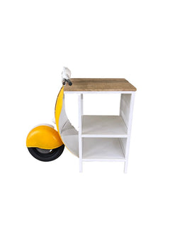 Yellow Wood And Metal Mini Scooter End or Side Table featuring a yellow scooter design with a wooden top and white shelves.