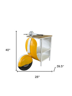 Yellow Wood And Metal Mini Scooter End or Side Table featuring a vibrant yellow scooter design with a wooden top and two shel