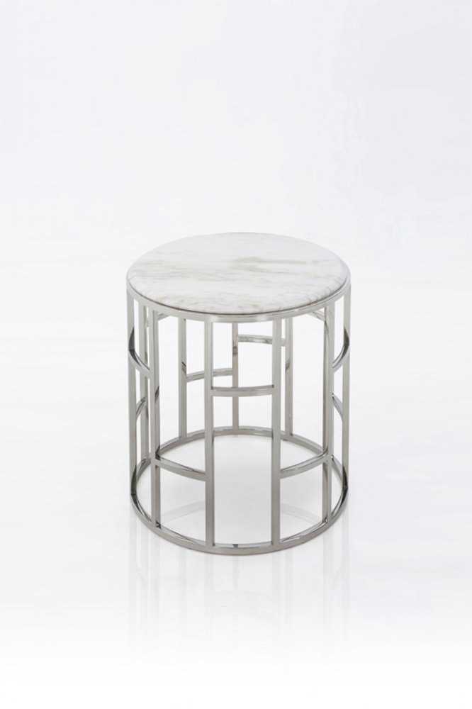 Stylish Silver and White Marble Round Geometric End or Side Table with a sleek metal frame and elegant marble top.