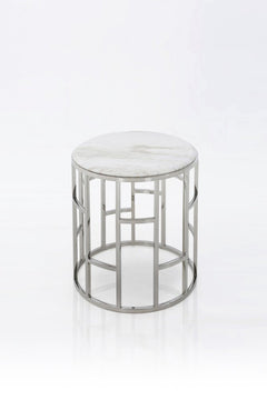 Round white faux marble end table with a silver stainless steel frame.