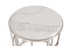 Stylish Silver And White Marble Round Geometric End or Side Table with a sleek marble top and metallic base design.