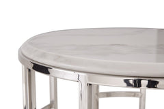 Stylish Silver and White Marble Round Geometric End or Side Table featuring a sleek marble top and polished silver frame.