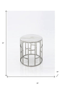 Stylish Silver and White Marble Round Geometric End or Side Table with a sleek metal frame and marble top, dimensions 22" hei