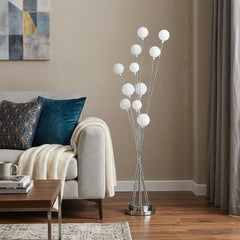 46" Chrome Multi Light LED Novelty Floor Lamp with white globe bulbs, stylishly arranged, beside a cozy sofa and decor.