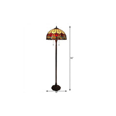 62" brown floor lamp with a traditional stained glass dome shade featuring red flowers, standing on a decorative base.
