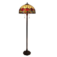 62" brown floor lamp with a stained glass dome shade featuring red flowers, traditional design, and two light bulbs.