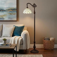 62" Brown and White Metal Floor Lamp with White Glass Bowl Shade, featuring an elegant design beside a cozy sofa.