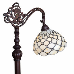 62" brown and white metal floor lamp featuring an ornate design and a white glass bowl shade. Elegant and stylish lighting op