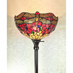 69" black and red torchiere floor lamp featuring a vibrant red dragonfly glass dome shade with intricate detailing.