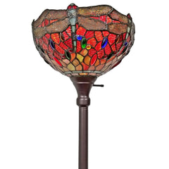 69" black and red torchiere floor lamp featuring a vibrant red dragonfly glass dome shade with colorful accents.
