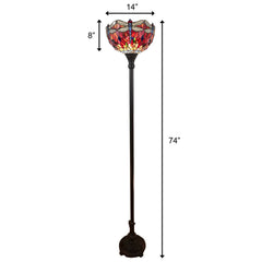 69" black and red torchiere floor lamp featuring a red dragonfly glass dome shade, with a decorative base and elegant design.