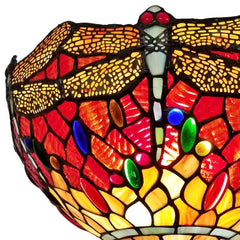 69" black and red torchiere floor lamp featuring a vibrant red dragonfly glass dome shade with colorful accents.