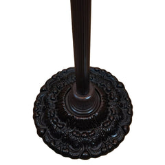 Ornate black base of a 69" black and red torchiere floor lamp with intricate floral design.