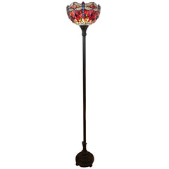 69" black and red torchiere floor lamp featuring a red dragonfly glass dome shade and a sturdy base. Elegant and decorative d