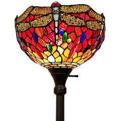 69" black and red torchiere floor lamp featuring a vibrant red dragonfly glass dome shade with colorful mosaic accents.