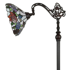 62" Espresso Metal Torchiere Floor Lamp With Green And White Flowers Glass Dome Shade