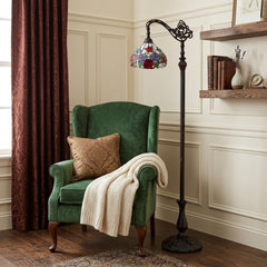 62" Espresso Metal Torchiere Floor Lamp With Green And White Flowers Glass Dome Shade