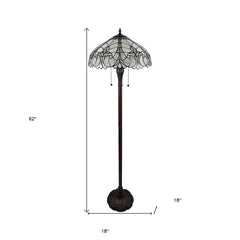 62" Dark Brown Two Light Torchiere Floor Lamp With White Fleur de Lis Glass Dome Shade