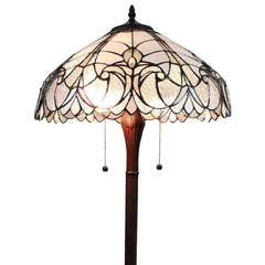 62" Dark Brown Two Light Torchiere Floor Lamp With White Fleur de Lis Glass Dome Shade