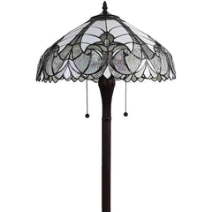 62" Dark Brown Two Light Torchiere Floor Lamp With White Fleur de Lis Glass Dome Shade