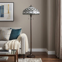 62" Brown And White Two Light Torchiere Floor Lamp With White Geometric Glass Dome Shade