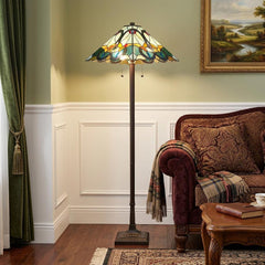 62" Espresso Two Light Torchiere Floor Lamp With Blue Flowers Glass Cone Shade