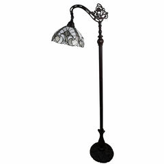 62" brown and white floor lamp featuring a decorative white glass bowl shade and an elegant curved arm design.