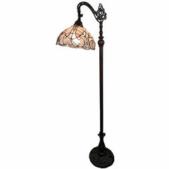 62" brown and white floor lamp featuring an elegant white glass bowl shade with intricate detailing and a decorative base.