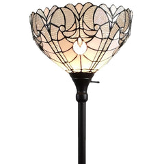62" Brown Torchiere Floor Lamp featuring a white Tiffany-style glass dome shade with intricate black detailing.
