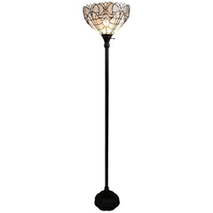 62" brown torchiere floor lamp featuring a white Tiffany-style glass dome shade with intricate black detailing. Elegant desig