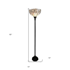 62" brown torchiere floor lamp with a white Tiffany-style glass dome shade, featuring a decorative design and sturdy base.