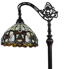 62" Brown Metal Arched Floor Lamp featuring an amber and red flowers stained glass shade with intricate detailing.