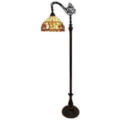 62" brown metal arched floor lamp featuring an amber and red stained glass shade with floral design. Elegant and decorative l