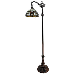 62" Brown Metal Arched Floor Lamp featuring an amber and red flowers stained glass shade with an ornate base design.