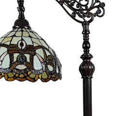 62" Brown Metal Arched Floor Lamp featuring an amber and red flowers stained glass shade with intricate detailing.
