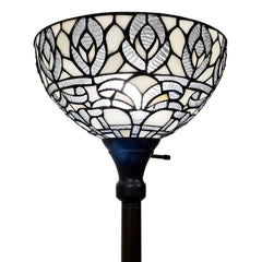 62" brown and white torchiere floor lamp featuring a white peacock feather glass dome shade with intricate black leaf pattern