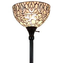 62" brown and white torchiere floor lamp featuring a white peacock feather glass dome shade with intricate design.
