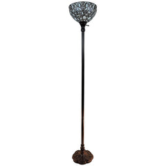 62" brown and white torchiere floor lamp featuring a white peacock feather glass dome shade and an ornate base.