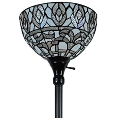 62" brown and white torchiere floor lamp featuring a white peacock feather glass dome shade with intricate designs.